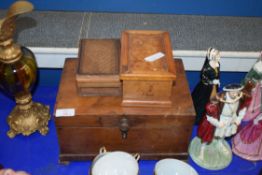 WALNUT VENEERED RECTANGULAR BOX WITH FITTED INTERIOR TOGETHER WITH TWO FURTHER SMALL BOXES