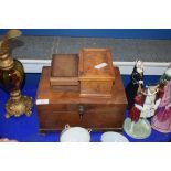 WALNUT VENEERED RECTANGULAR BOX WITH FITTED INTERIOR TOGETHER WITH TWO FURTHER SMALL BOXES