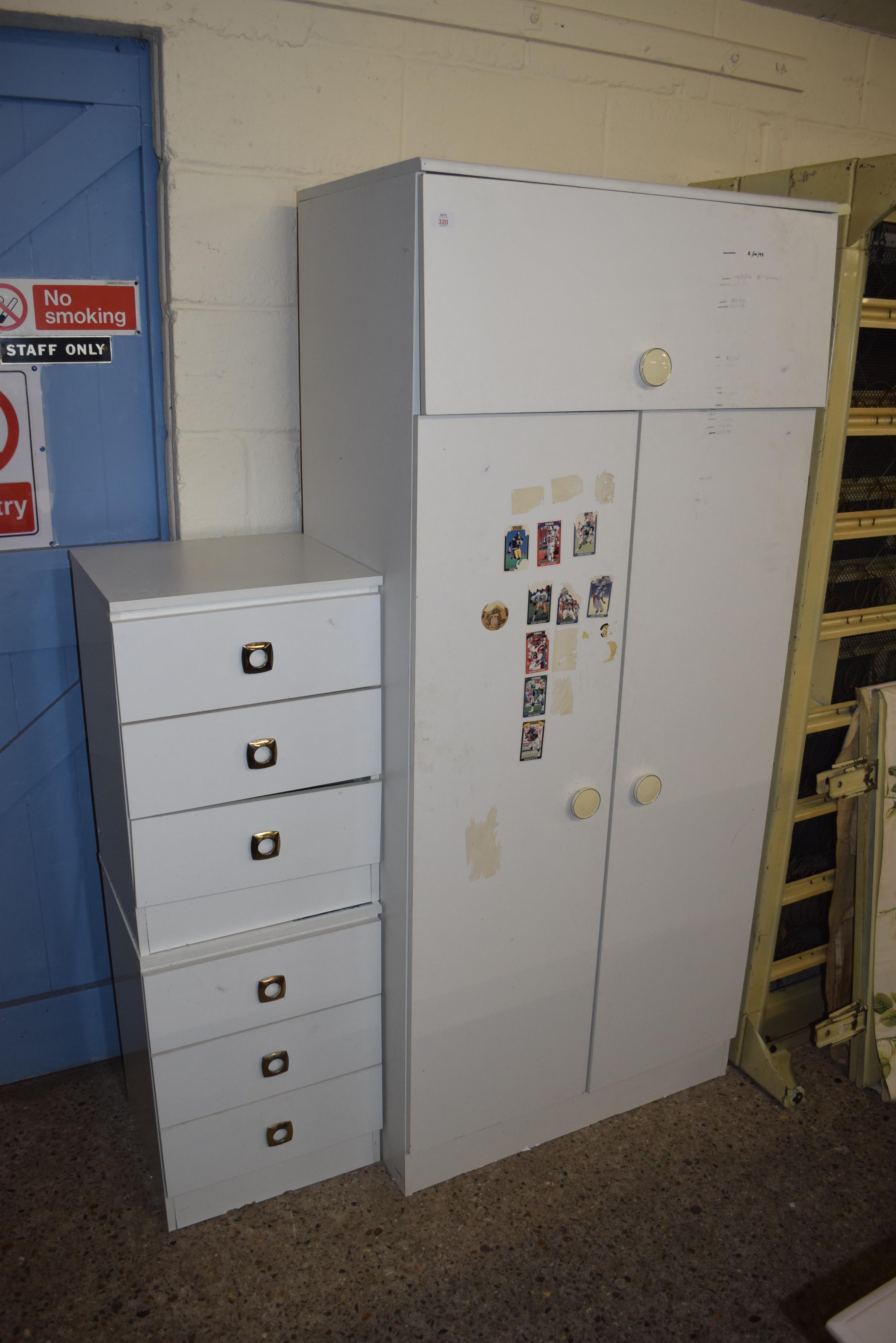 WHITE MELAMINE THREE DOOR WARDROBE AND A PAIR OF WHITE MELAMINE BEDSIDE CABINETS, LARGEST PIECE