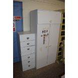 WHITE MELAMINE THREE DOOR WARDROBE AND A PAIR OF WHITE MELAMINE BEDSIDE CABINETS, LARGEST PIECE