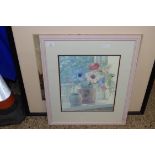 COLOURED PRINT OF A STILL LIFE STUDY OF FLOWERS, F/G, 64CM HIGH