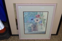 COLOURED PRINT OF A STILL LIFE STUDY OF FLOWERS, F/G, 64CM HIGH