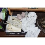 BOX CONTAINING A CHRISTENING GOWN, VARIOUS VINTAGE LADIES GLOVES ETC