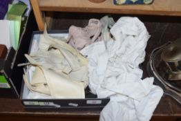 BOX CONTAINING A CHRISTENING GOWN, VARIOUS VINTAGE LADIES GLOVES ETC