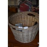SMALL WICKER BASKET CONTAINING FRAMED REPRODUCTION HISTORICAL RELICS AND A SMALL BOX OF COSTUME