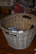 SMALL WICKER BASKET CONTAINING FRAMED REPRODUCTION HISTORICAL RELICS AND A SMALL BOX OF COSTUME
