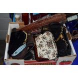 MIXED LOT COMPRISING VARIOUS PURSES AND HANDBAGS PLUS SMALL PARASOLS ETC