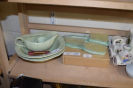 MIXED LOT OF DRESSING TABLE SET, TRAIN SHAPED MONEY BOX, VASES ETC