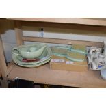 MIXED LOT OF DRESSING TABLE SET, TRAIN SHAPED MONEY BOX, VASES ETC