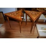 PAIR OF CONTINENTAL INLAID SIDE TABLES WITH LIFT UP LIDS AND MUSICAL FITTINGS (TRIANGULAR SHAPE),