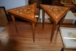 PAIR OF CONTINENTAL INLAID SIDE TABLES WITH LIFT UP LIDS AND MUSICAL FITTINGS (TRIANGULAR SHAPE),