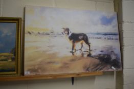 ANDREA HUXLEY, DOG AT SEASIDE, COLOURED PRINT ON CANVAS, UNFRAMED, 91CM WIDE