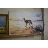 ANDREA HUXLEY, DOG AT SEASIDE, COLOURED PRINT ON CANVAS, UNFRAMED, 91CM WIDE