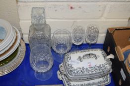 SMALL VICTORIAN BLACK AND WHITE SAUCE TUREEN WITH STAND TOGETHER WITH A CLEAR GLASS DECANTER AND