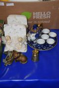 MIXED LOT OF FAIRY DECORATED BOOKENDS, MODERN TEA SET FROM THAILAND, VARIOUS MINIATURE BRASS ITEMS