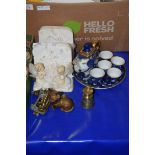 MIXED LOT OF FAIRY DECORATED BOOKENDS, MODERN TEA SET FROM THAILAND, VARIOUS MINIATURE BRASS ITEMS