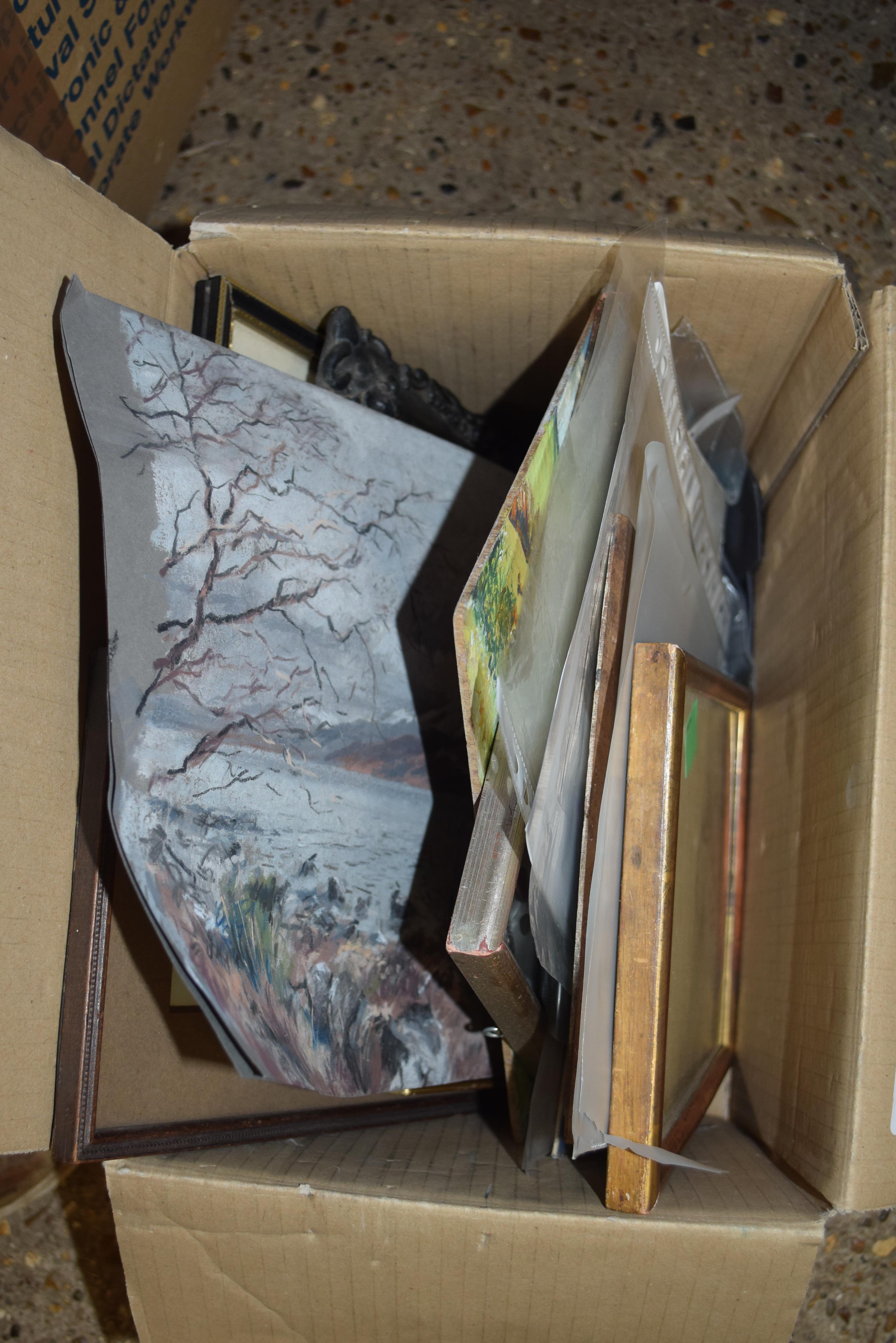 BOX OF MIXED PICTURES TO INCLUDE FRAMED AND UNFRAMED WATERCOLOURS AND OILS ON BOARD STUDIES - KING