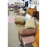 PAIR OF MODERN BROWN LEATHER AND FABRIC COVERED THREE SEATER SOFAS AND ACCOMPANYING FOOT STOOL