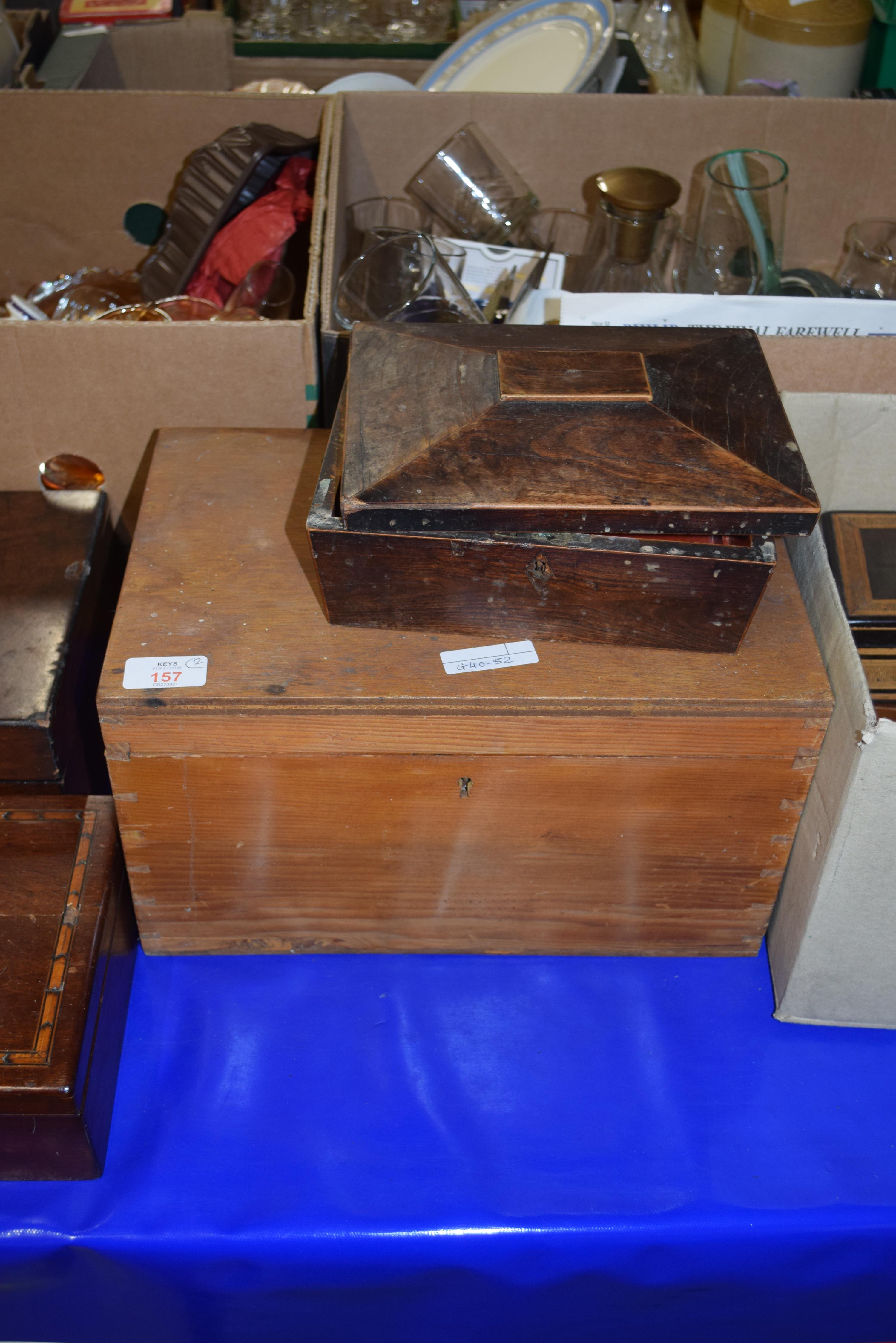 SMALL DARK STAINED WOODEN BOX OF SARCOPHAGUS FORM TOGETHER WITH A FURTHER RECTANGULAR WOODEN BOX (