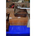 SMALL DARK STAINED WOODEN BOX OF SARCOPHAGUS FORM TOGETHER WITH A FURTHER RECTANGULAR WOODEN BOX (