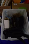 BOX OF MIXED AUDIO CABLES, REMOTE CONTROLS, GUITAR STRINGS ETC