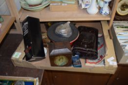 MIXED LOT OF TINS, LE CREUSET PAN WITH ALCOHOL BURNER ETC