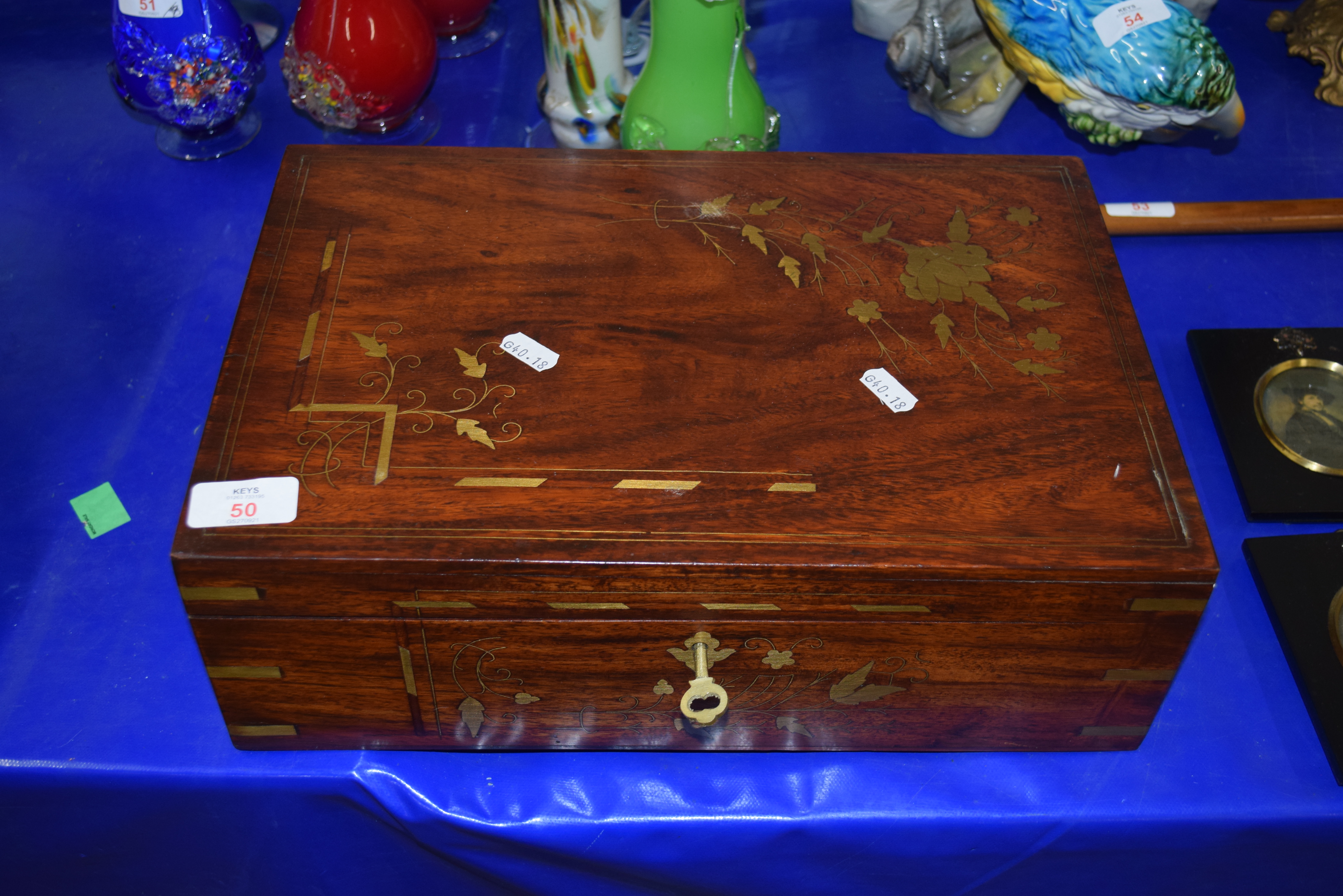 HARDWOOD BOX WITH FITTED INTERIOR AND BRASS INLAID DECORATION