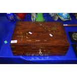 HARDWOOD BOX WITH FITTED INTERIOR AND BRASS INLAID DECORATION