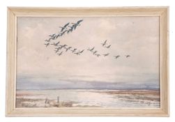 Roland Green (British, 20th century), Mallards in flight over Broads, lithograph, 8 x 12.5ins