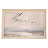 Roland Green (British, 20th century), Mallards in flight over Broads, lithograph, 8 x 12.5ins