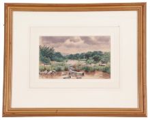 British, contemporary, Landscape depicting a tributary under heavy clouds, watercolour, signed, 6