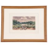 British, contemporary, Landscape depicting a tributary under heavy clouds, watercolour, signed, 6