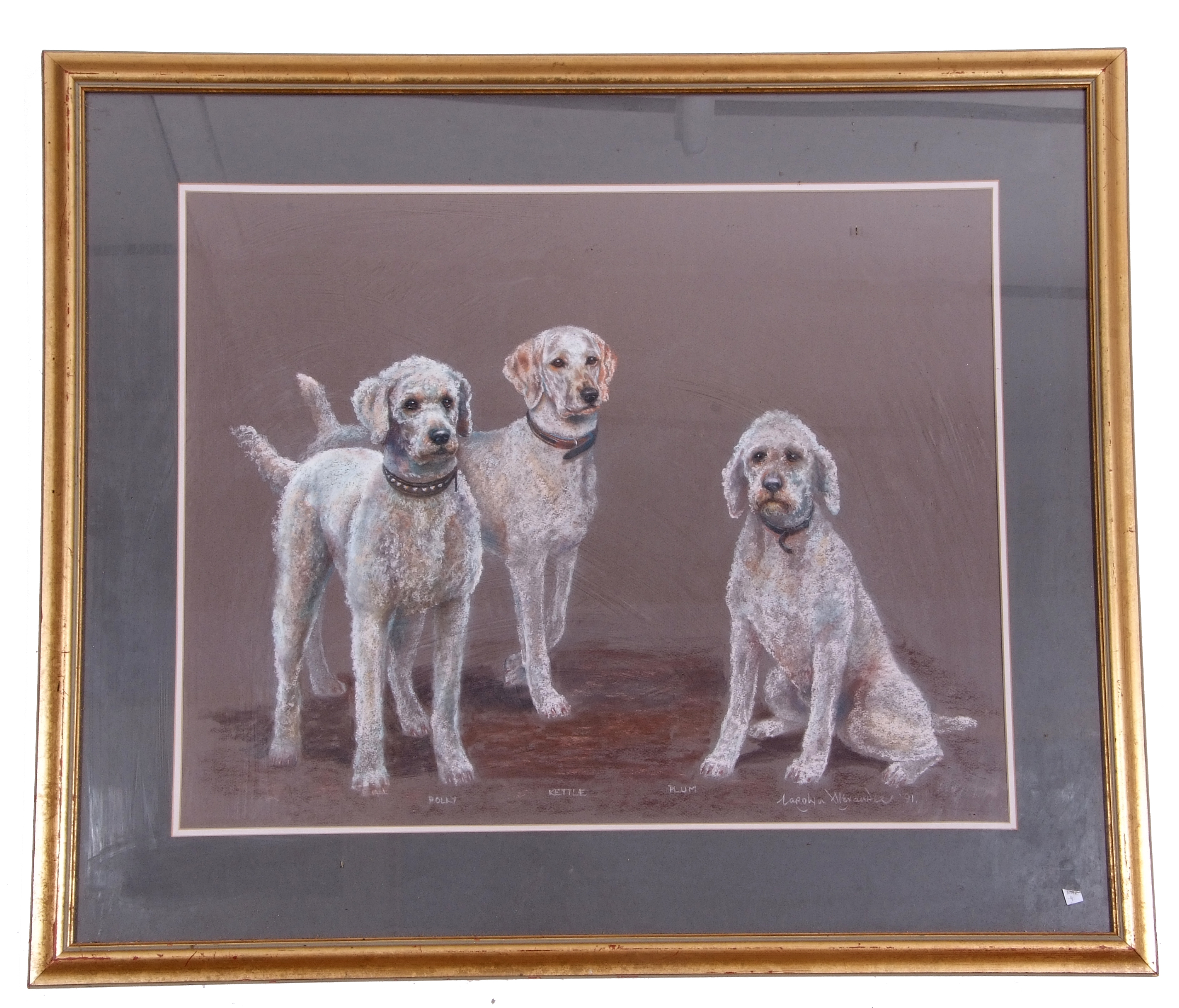 A portrait of three dogs named Polly, Kettle and Plum, charcoal on black card, signed by Carolyn