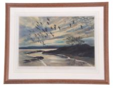 After Sir Peter Scott (British, 20th century), Greylag Geese in flight, pub by Arthur Ackermann,