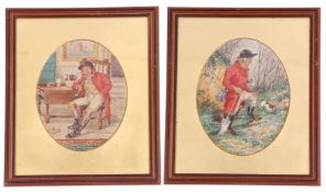 An attractive pair of British 19th century hunting scenes, pencil, watercolour, indistinctly signed,