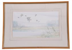 Jason Partner (British, 20th century), Mallards over water, watercolour, signed, 11 x 20ins