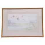 Jason Partner (British, 20th century), Mallards over water, watercolour, signed, 11 x 20ins