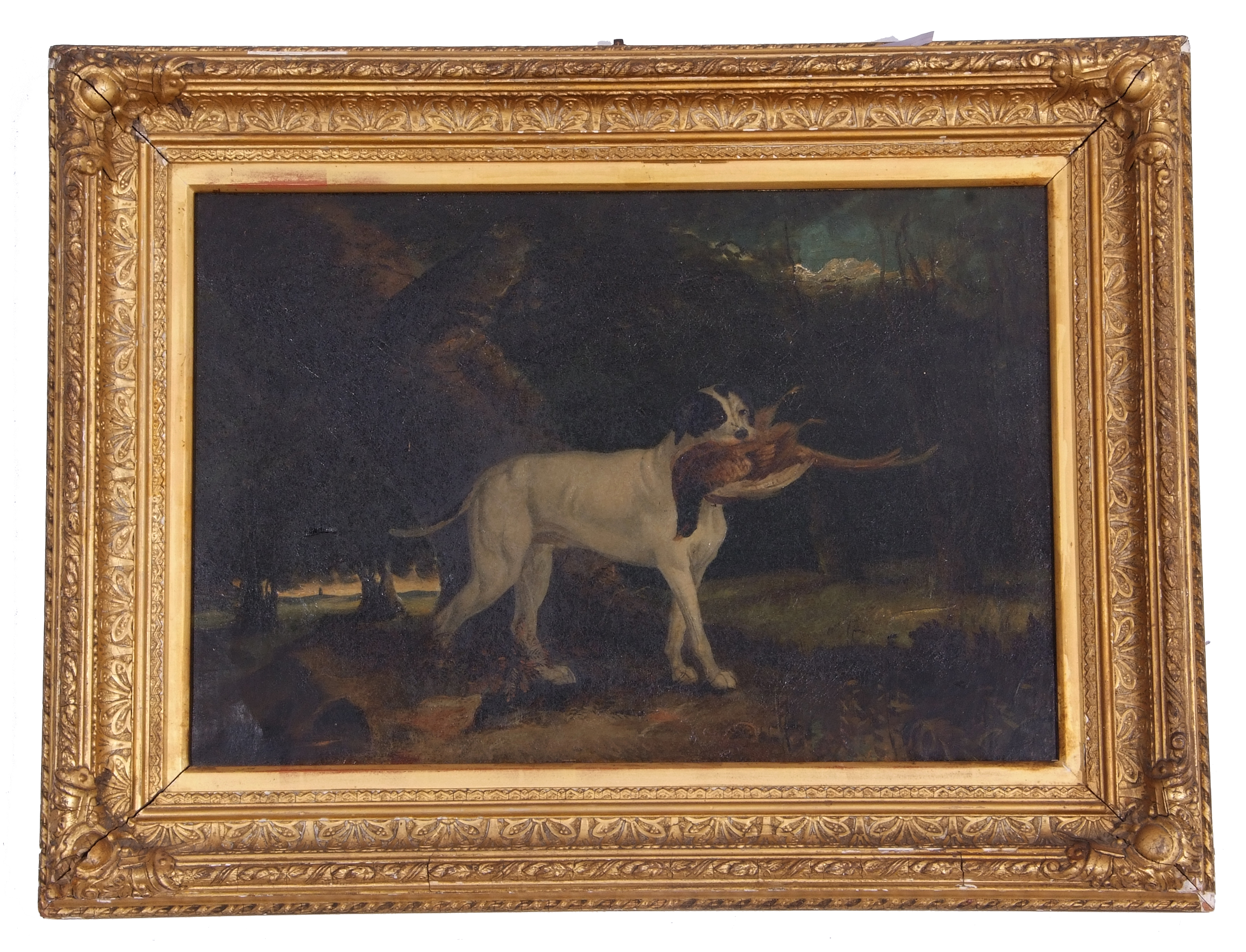 British, late 18th century, Portrait of a gun dog with quarry, oil on canvas, indistinctly signed,