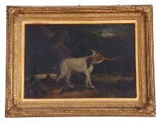 British, late 18th century, Portrait of a gun dog with quarry, oil on canvas, indistinctly signed,
