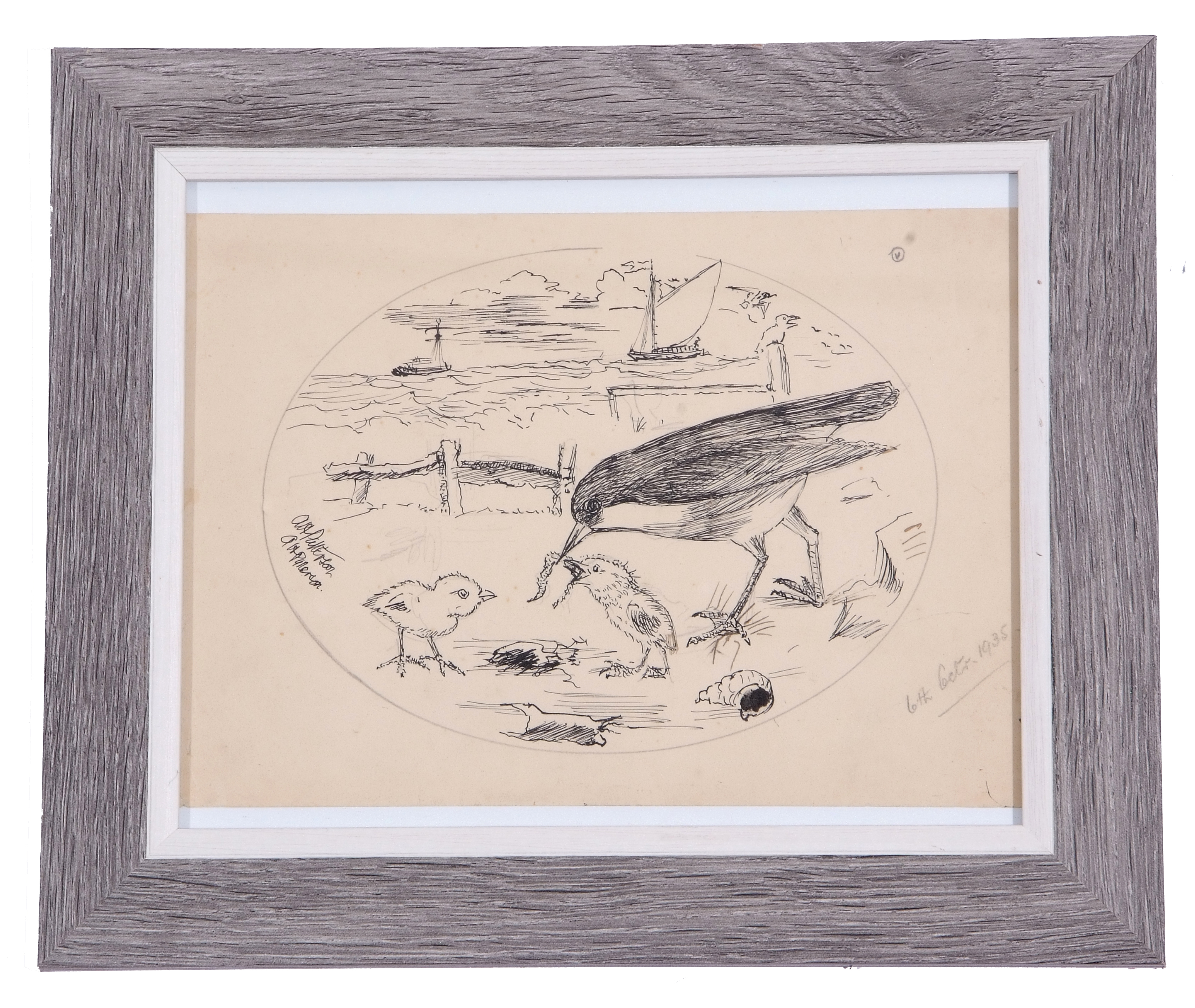 A H Patterson (British, 19th century), Shorebirds with boats in distance, pencil, pen on paper,