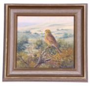 Richard Tratt (British, contemporary), a Yellowhammer overlooking farmland, oil on board, signed,