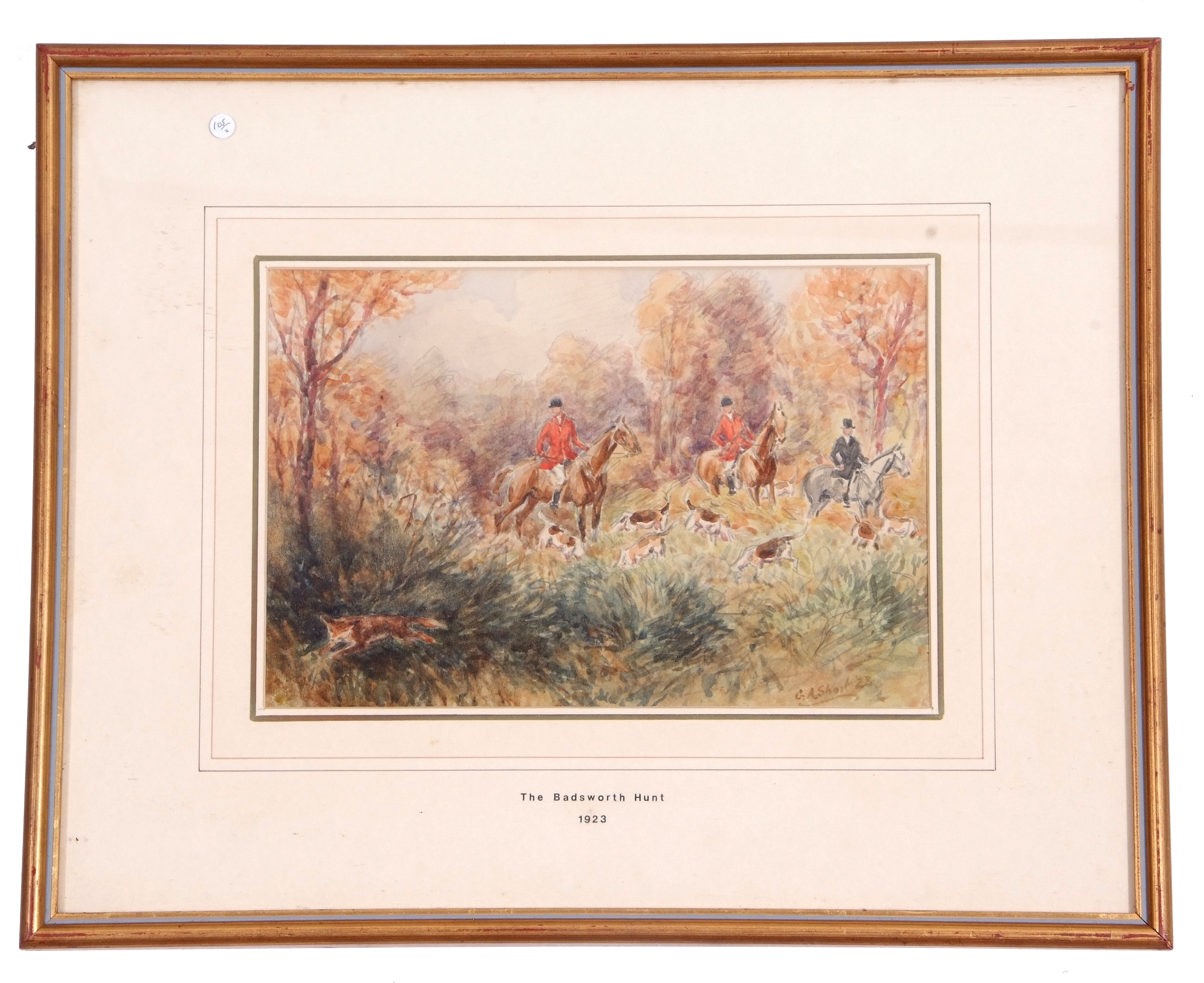 G A Short (British, 19th century), 'The Badsworth Hunt 1023', watercolour, signed, 9 x 11ins - Image 3 of 4