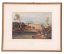 Samuel Prout (British, 19th century), Rural figures angling from a bridge, watercolour, signed, 8