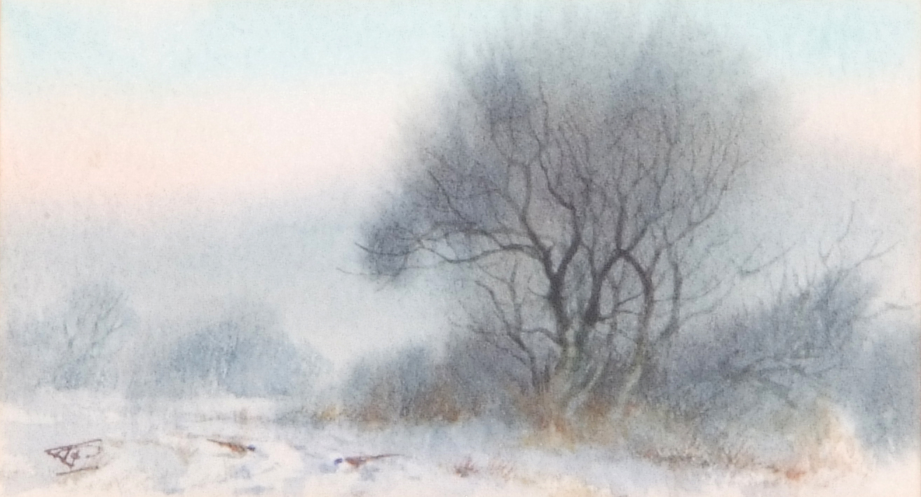 British, 20th century, A small winter landscape with game birds in the foreground, watercolour, - Image 2 of 2