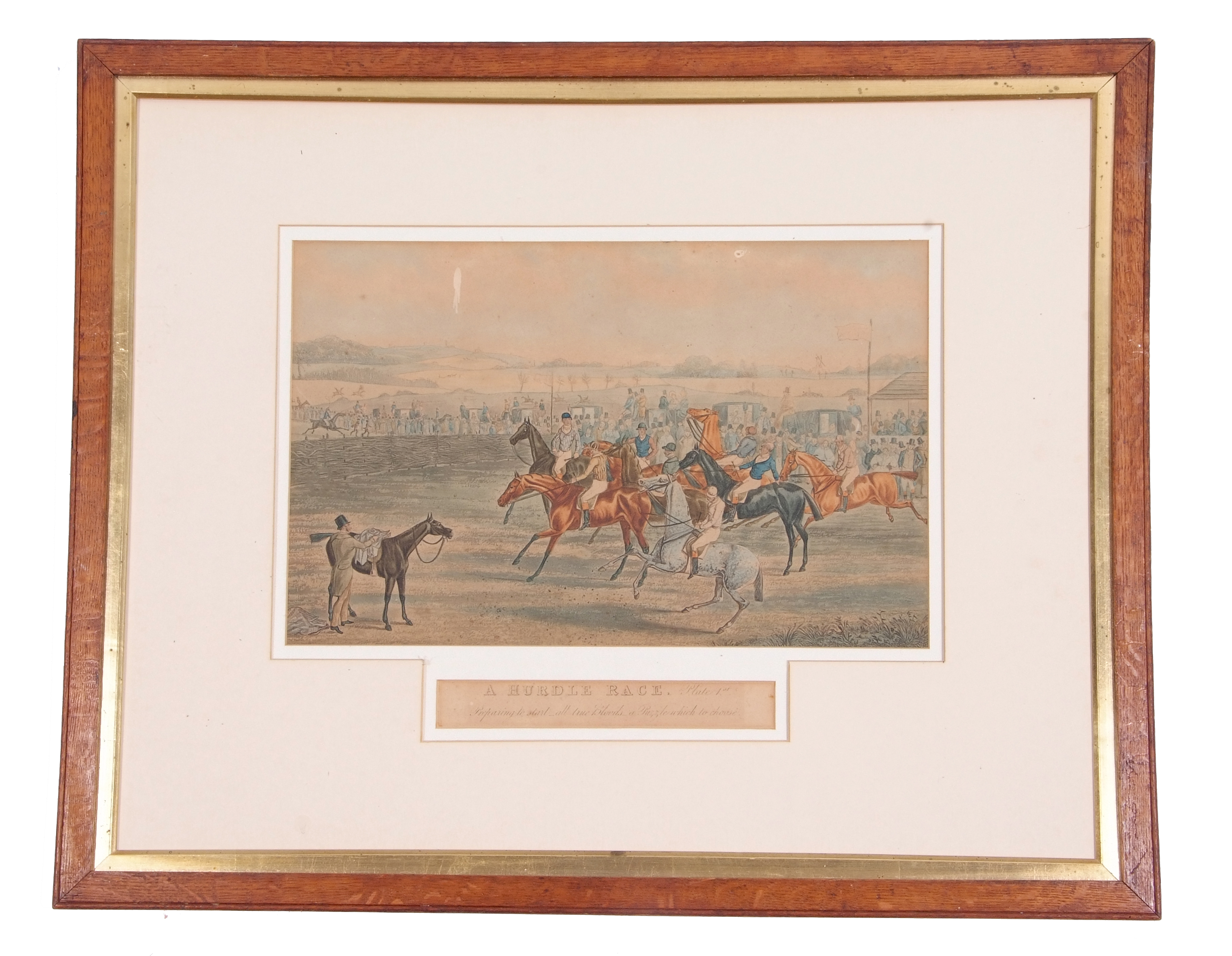 After Samuel Henry Alken (British, 19th century), 'A Hurdle Race', c1835: Pl 1 'Preparing to start - Image 3 of 8