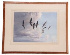 John Cyril Harrison (British, 20th C), White Fronted Geese in stormy sky, watercolour