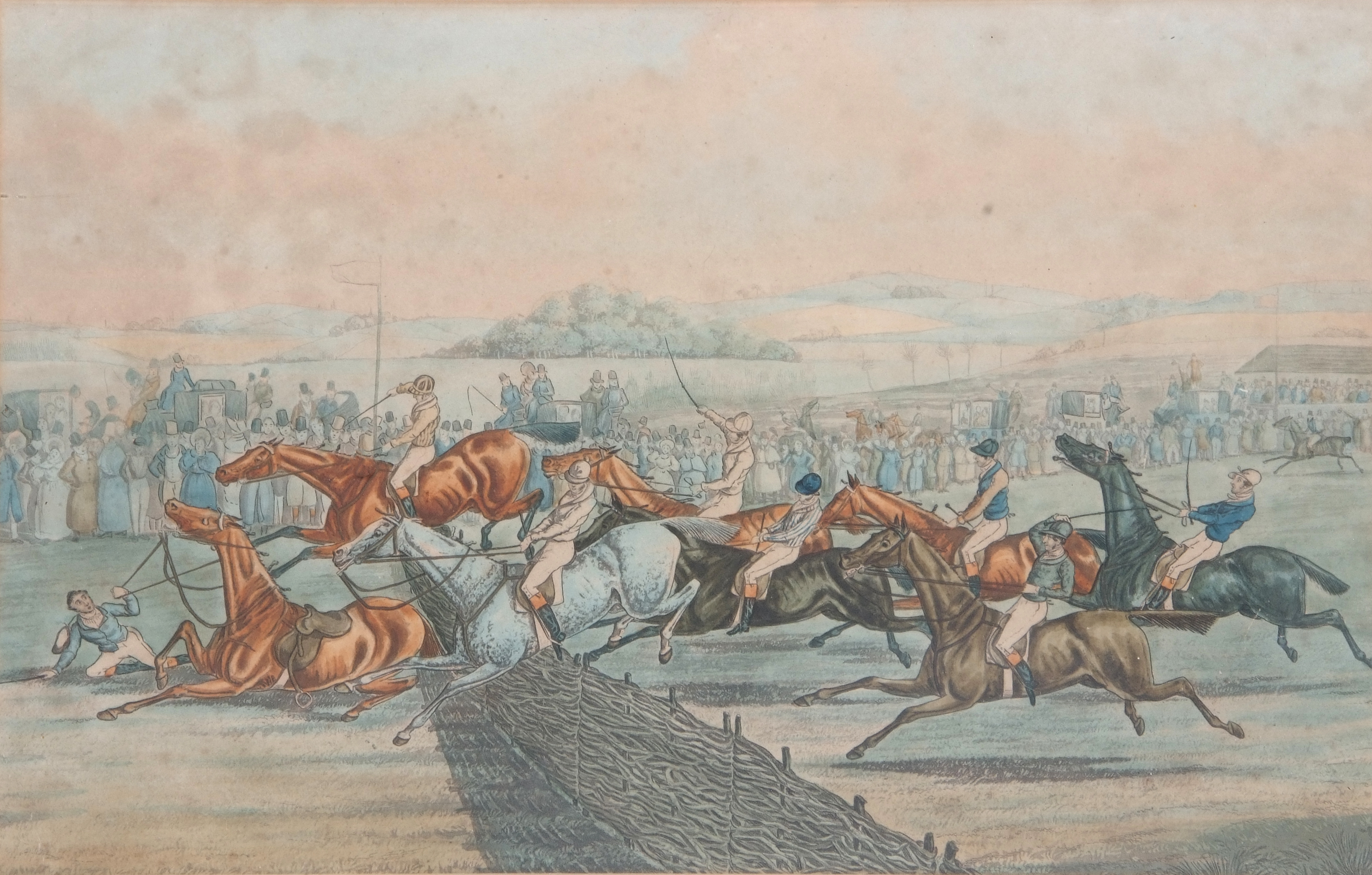 After Samuel Henry Alken (British, 19th century), 'A Hurdle Race', c1835: Pl 1 'Preparing to start - Image 8 of 8