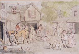 Samuel Howitt (British, 18th century), An unfinished sketch of a busy village looking onto a post