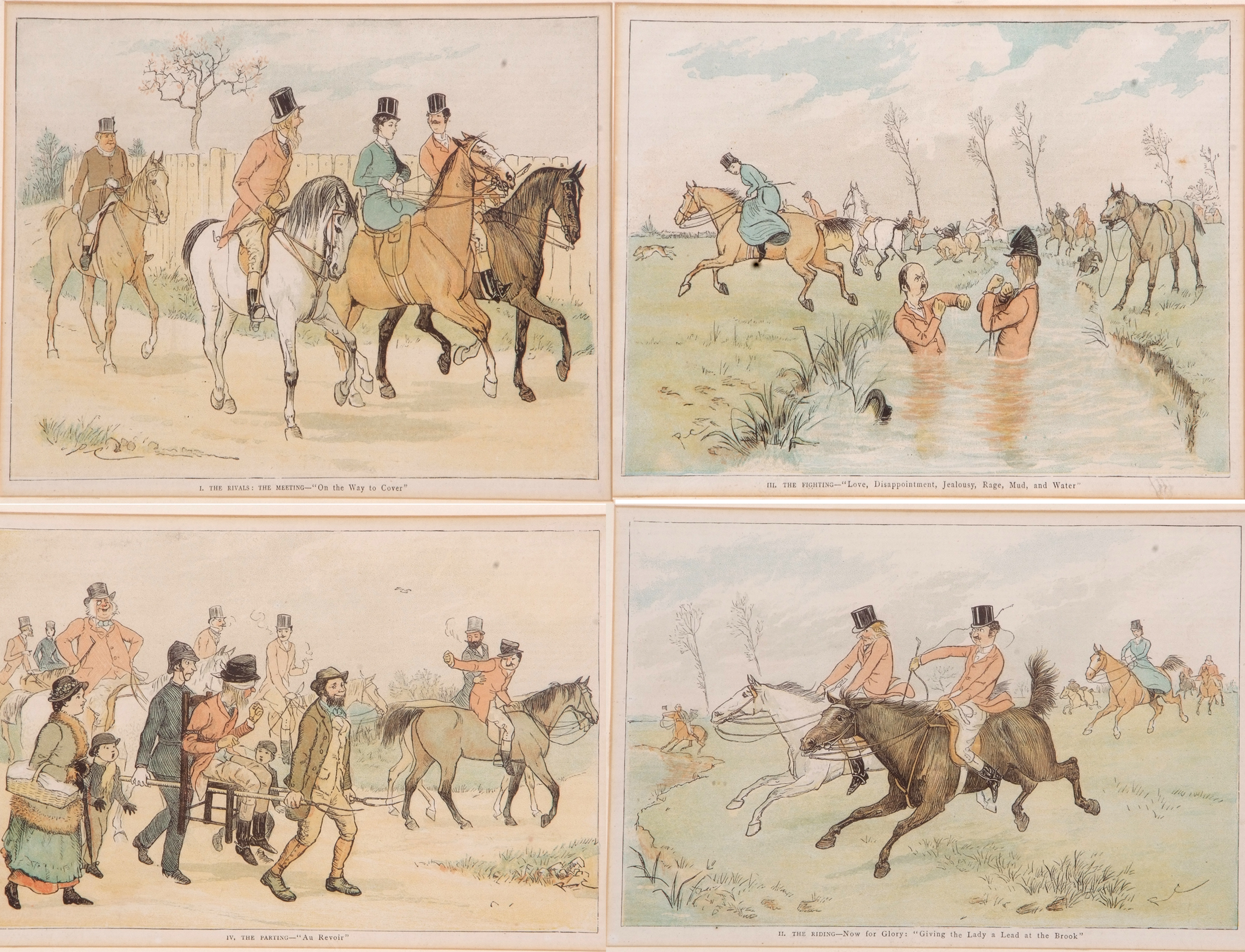 A set of four hunting cartoons from 'A Hurdle Race', coloured prints, 6.5 x 9.5ins