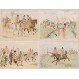 A set of four hunting cartoons from 'A Hurdle Race', coloured prints, 6.5 x 9.5ins